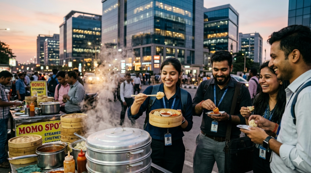 Momos Near IT-Hub. Employees enjoying the food.