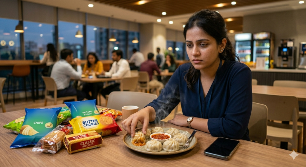 Bored office worker choosing food