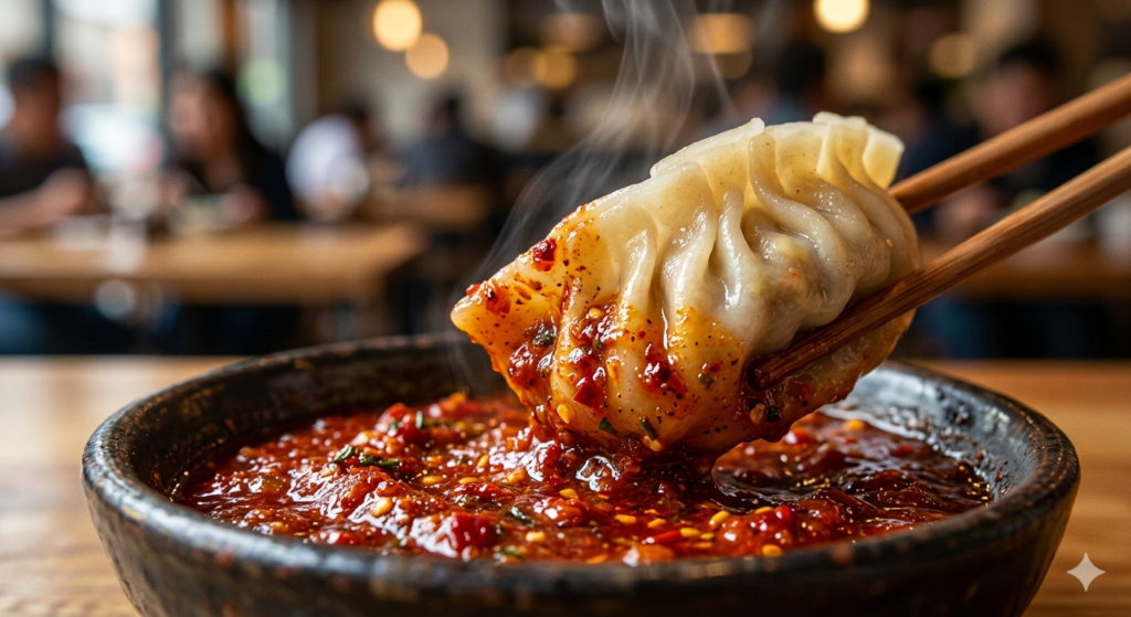 Extreme steamed momos close-up with Chutney