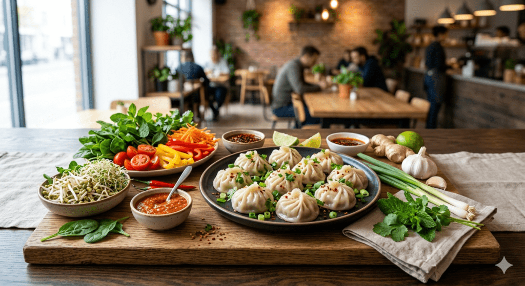 Fresh ingredients around Steamed momos